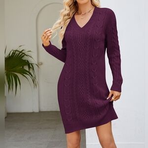 Wine Cable Knit Sweater Dress